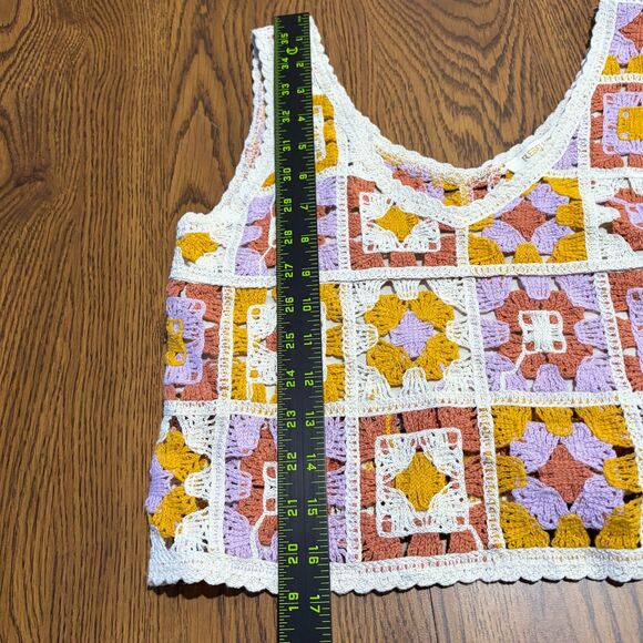 Rebellion Again Cropped Tank Top Crochet Knit Granny Square Patchwork XS Boho - Picture 2 of 5